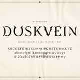 Duskvein elvish-inspired dark fantasy font, full alphabet and numerals in an ornamental frame