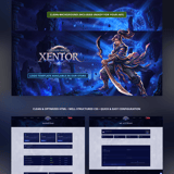 Full vertical layout of Xentor oriental website template including rankings, server wiki, and user dashboard