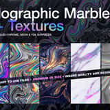Cover graphic for the 60+ Holographic Marble 4K Textures pack, displaying vibrant slices of iridescent liquid chrome, dark neon marble, and pastel holographic stone.