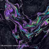 Dark abstract marble texture background featuring a striking oil slick effect with glowing neon purple and green liquid veins flowing across a pitch-black surface.