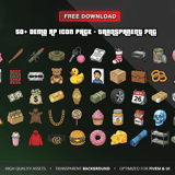 Grid preview of all 50+ free Modern RP Icons showing weapons, food, money, keys, collectibles and roleplay items with transparent PNG backgrounds optimized for FiveM