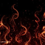 Magical energy overlay — flowing orange and red fire wisps with ethereal flame trails on black background