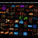 Grid preview of 100+ Magical Energy Overlays — colorful particle effects, glowing wisps and radial light bursts up to 5K
