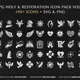 RPG Holy & Restoration Vol.5 - Collection of 190+ vector game icons, including healing spells, sacred crosses, and paladin RPG icons in SVG and PNG format
