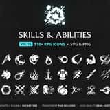 RPG Class Skills & Abilities Icons Vol.15 – 512 vector game icons: warrior, rogue, mage, druid and cleric skills plus fire, frost, shadow and utility abilities, in SVG and PNG