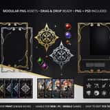Blank trading card template breakdown featuring drag-and-drop modular PNG assets, empty geometric frames, and star icons.
