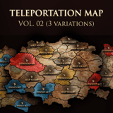 MMORPG teleportation world map PSD template Vol.02 with three parchment and terrain variations showing Shinsoo, Chunjo and Jinno empire color zones on a tactical old-world atlas