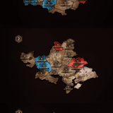 Three variations of the MMORPG teleportation world map PSD template Vol.02 – clean parchment style, gritty burnt look, and painted terrain with Shinsoo, Chunjo and Jinno empire color zones