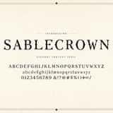 Sablecrown elegant medieval serif font, full alphabet and numerals in an ornamental frame