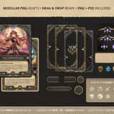 Blank trading card template breakdown showing drag-and-drop modular PNG assets, separated golden frames, and combat shield stats.