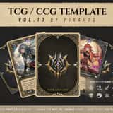 Premium royal dark fantasy TCG template UI kit showcasing dark gold card borders and strategy RPG combat layouts.