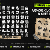 Survival Icons Vol.2 Armor, Clothing & Shields cover showing 190+ post-apocalyptic gear icons including helmets, gas masks, vests, boots and protective clothing in SVG and PNG format