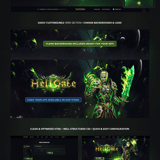 Full showcase of HellGate Mmorpg website template modules including User Dashboard, Server Rankings, Download center, Item Shop UI, and editable hero background sections.