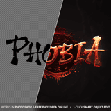 Before and after comparison of the Phobia oriental fantasy game logo PSD template – from plain brush text to fully rendered 3D fire and blood MMORPG logo