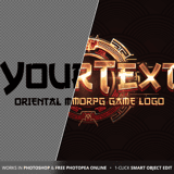 Before and after comparison of the GodsWar oriental MMORPG game logo PSD template – from plain text to fully rendered red and gold Chinese fantasy logo with hand-painted circular emblem