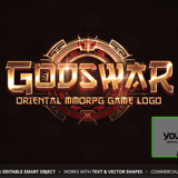 GodsWar oriental Chinese MMORPG game logo template with red and gold 3D text effect, decorative circular emblem and dark background