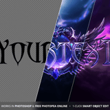 Before and after comparison of the Warlock purple arcane MMORPG game logo PSD template – from plain text to fully rendered chrome and purple glowing fantasy logo with winged emblem