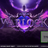 Warlock purple arcane MMORPG game logo template with chrome metallic text, glowing purple magic effects and detailed winged emblem on dark atmospheric background
