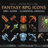 Fantasy RPG Icons Vol.2 Elemental Arsenal cover showing 380+ fire, ice, nature and necromancer weapons including axes, swords, shields and staves in painterly SVG and PNG format