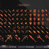 Fire and Magma elemental RPG icon set showing flaming swords, lava-forged axes, burning shields and obsidian weapons for Pyromancers