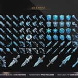 Ice and Frost elemental RPG icon set showing crystal swords, glacial shields, frozen great axes and icy bows for Cryomancers