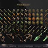 Nature and Poison elemental RPG icon set showing vine-wrapped staves, wooden bows, turtle-shell shields and venom daggers for Druids and Elves