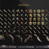Bone and Necromancer elemental RPG icon set showing skull shields, ribcage armor, vertebrae bows and spinal staves for Undead armies