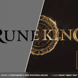 Before and after comparison of the Rune King dark fantasy game logo PSD template – from plain serif text to fully rendered tarnished gold Souls-like logo with ancient rune emblem and launcher icon