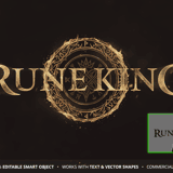Rune King dark fantasy Souls-like game logo template with tarnished gold text effect, glowing ancient rune circle emblem and cinematic dark background