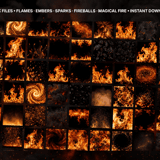 Preview grid of 70+ fire and flame overlays including flames, embers, sparks, fireballs and magical fire