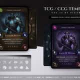 Dark fantasy card frame design for digital CCG, showcasing heavy iron borders, glowing mana gems, and RPG stats layout