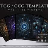 Custom TCG card back design variations featuring glowing runic magic circles and forged steel textures for tabletop games