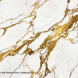 Close-up texture of luxurious white Calacatta marble featuring striking, thick gold and bronze veins running diagonally across a clean white stone background.