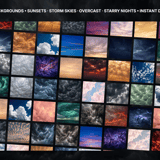 Preview grid of 65+ atmospheric sky backgrounds including sunsets, storms, twilight and overcast scenes