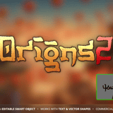 Origins oriental MMORPG game logo template with heavy gothic Asian script worn gold texture and red accent editable in Photoshop and Photopea