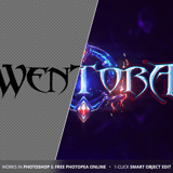 Before and after comparison of the Wentora fantasy MMORPG game logo PSD template – from plain gothic text to fully rendered dark blue glowing logo with hand-drawn magic emblem