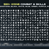 Complete collection grid of all 320+ Sci-Fi Combat & Skills icons in 6 color variations – black, white, blue, green, purple and pink – showing abilities, attacks and augmented skills