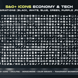 Complete collection grid of all 560+ Sci-Fi Economy & Tech icons in 6 color variations – black, white, blue, green, purple and pink – showing currency, gadgets, access items and containers