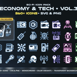 Sci-Fi Economy & Tech Icon Pack Vol.3 cover showing 560+ futuristic icons including credit chips, casino tokens, tech gadgets and keycards in SVG and PNG format