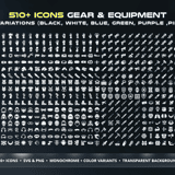 Complete collection grid of all 510+ Sci-Fi Gear & Equipment icons in 6 color variations – black, white, blue, green, purple and pink – showing armor, weapons, helmets and augmentations
