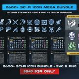 Ultimate Sci-Fi Game Icon Mega Bundle Vol.1-5 cover showing 2600+ cyberpunk icons including combat skills, gear, weapons, inventory items and UI essentials in SVG and PNG format with 6 color variants