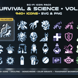 Sci-Fi Survival & Science Icon Pack Vol.4 cover showing 940+ inventory icons including nano medkits, alien flora, synth food and crafting materials in SVG and PNG format