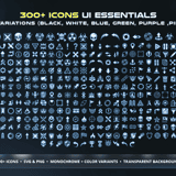 Complete collection grid of all 300+ Sci-Fi UI Essentials icons in 6 color variations – black, white, blue, green, purple and pink – showing alerts, navigation, actions and social icons
