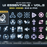 Sci-Fi UI Essentials Icon Pack Vol.5 cover showing 300+ futuristic game UI icons including tactical alerts, navigation arrows, crosshairs and achievement badges in SVG and PNG format