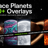 Space Planets Overlays pack cover — 100+ fictional planet images with gas giants, ice worlds, lava planets and ringed worlds, up to 5K