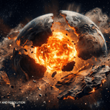 pace planets overlay — dramatic exploding lava planet with massive debris field and fiery core burst