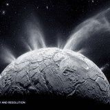 Space planets overlay — cryo planet with dramatic geyser plume eruptions and icy atmospheric haze