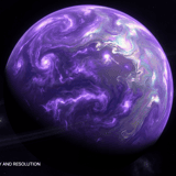 Space planets overlay — purple swirling gas giant with glowing atmospheric bands and orbital rings