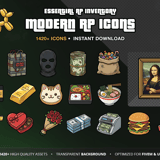 Modern RP Icons FiveM inventory pack with 1420+ premium PNG icons covering food, weapons, crime, jobs and lifestyle items with transparent backgrounds optimized for FiveM ESX QB-Core and Ox Inventory