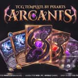 Premium Arcanis golden magic trading card game template UI kit showcasing hand-painted golden borders and Hearthstone-style layouts.